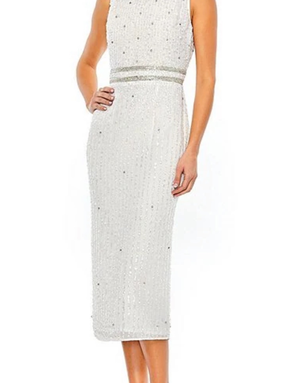Mac Duggal Ivory Beaded Sleeveless Midi Dress with Sequin Accents
